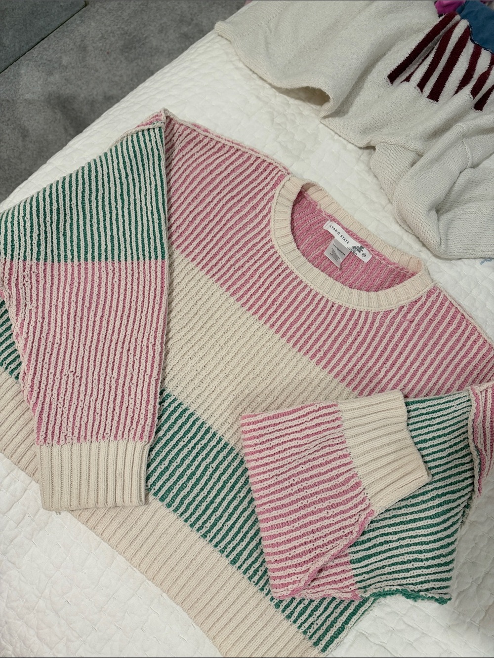 Altar'd State Pink, Cream & Green Striped Crewneck Sweater